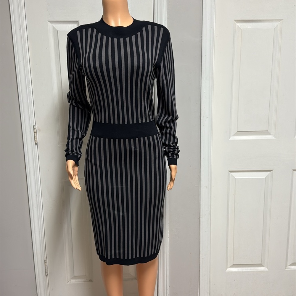 Y.A.S. Long Sleeve, Ribbed Knit Dress with Black and Grey Eegant Striped Dress - Picture 2 of 16